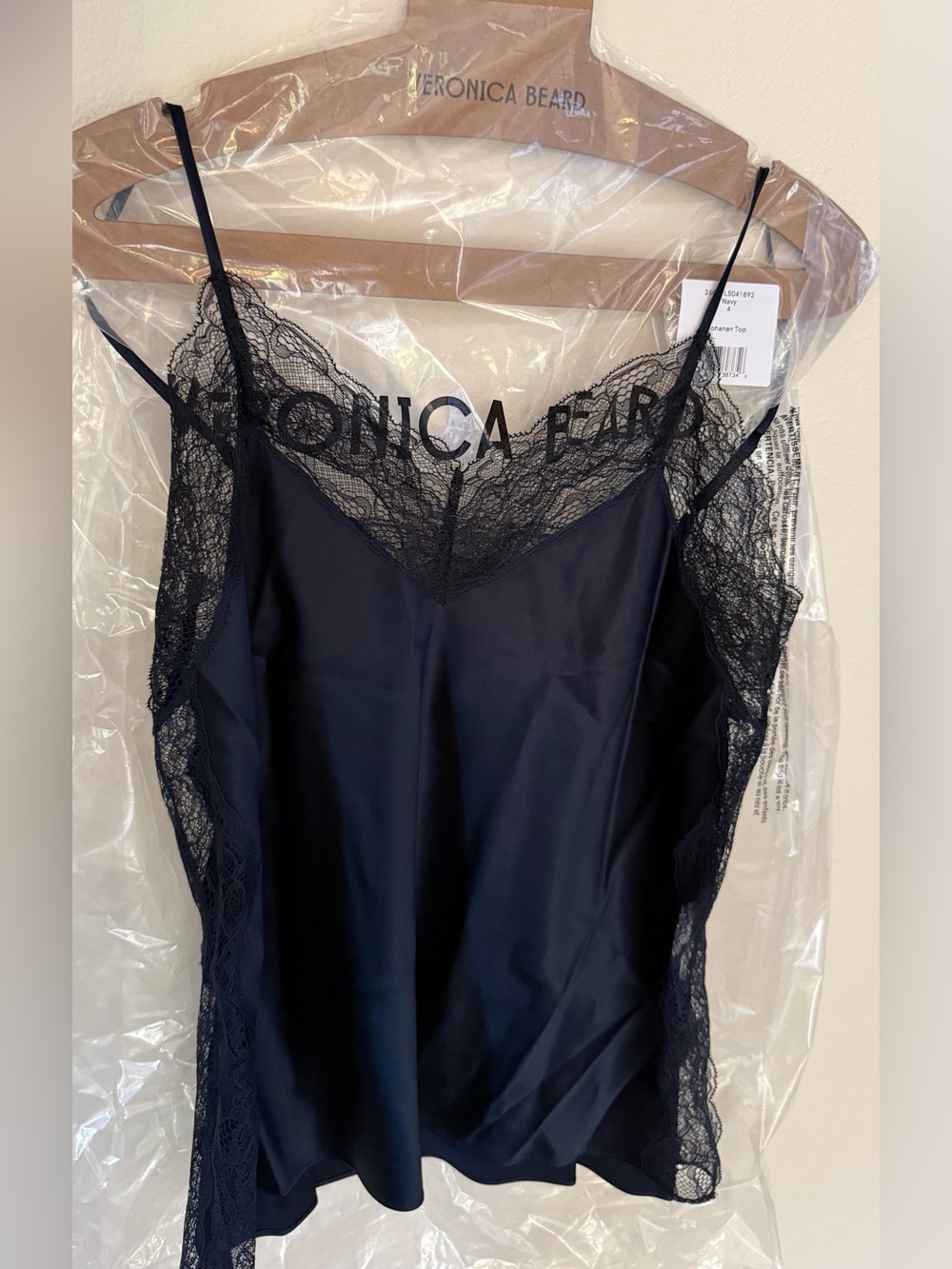 Veronica Beard Navy Satin Lace-Trim Slip Blouse